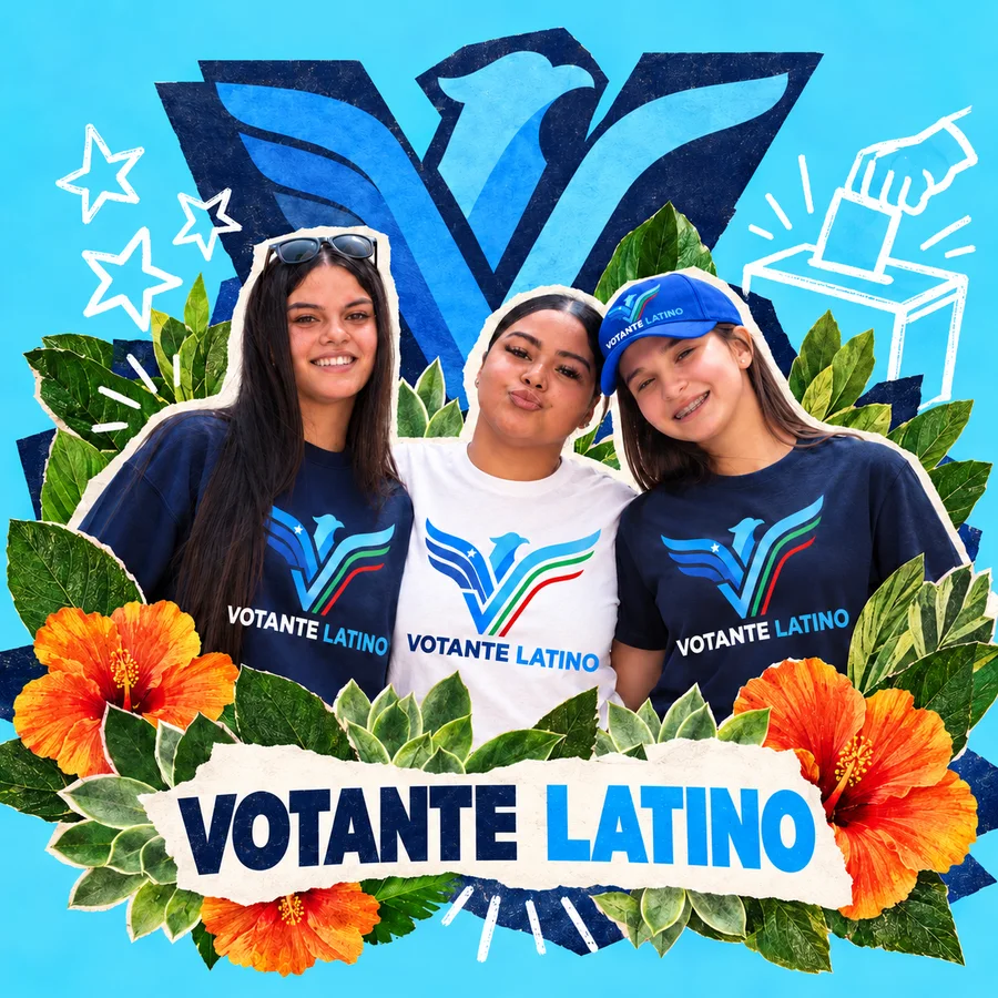 Three young people in Votante Latino T-shirts and cap