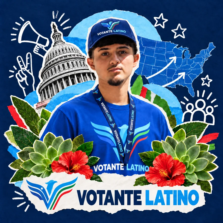 Young man in a Votante Latino T-shirt, cap and lanyard