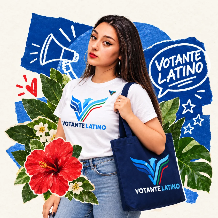 Young woman with a Votante Latino T-shirt and tote